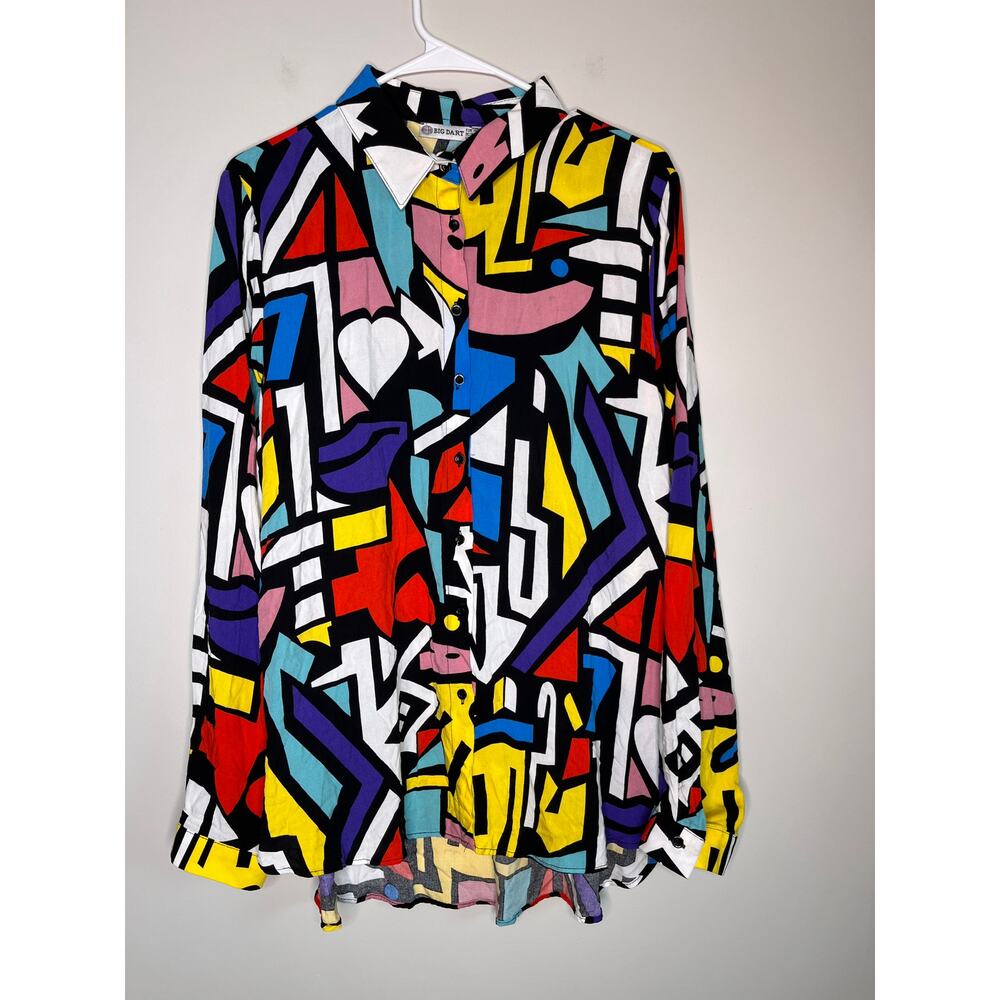 1990s Big Dart Keith Haring Abstract Rainbow Maximalist Art To Wear Shirt XL